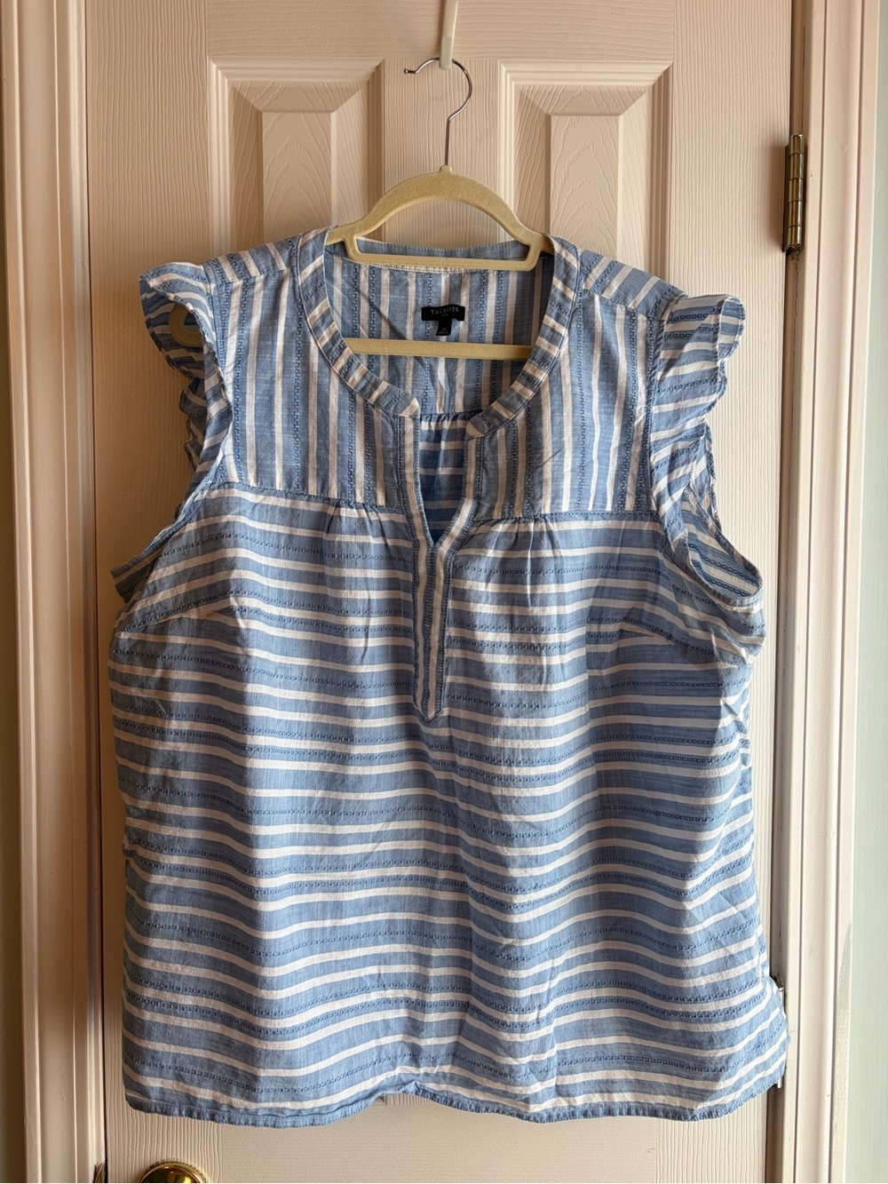 Talbots Blue and White Striped Ruffle Sleeve Chambray Top